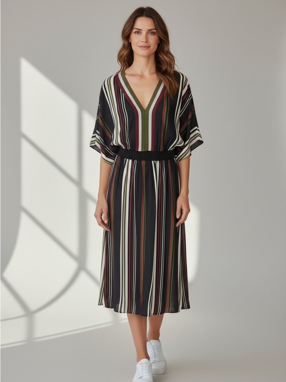 Ted Baker Black Striped V-Neck Midi Dress with Olive and Cream Accents